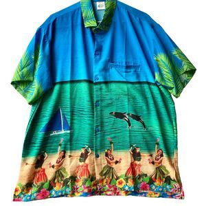 Vtg Happy Day Mens Hawaiian Camp Shirt Tiki Hula Whale Sailboat Size L Terivoile